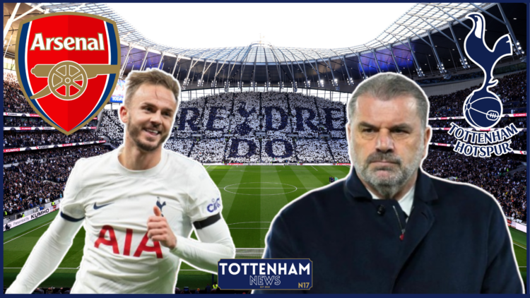 James Maddison and Ange Postecoglou in Tottenham v Arsenal