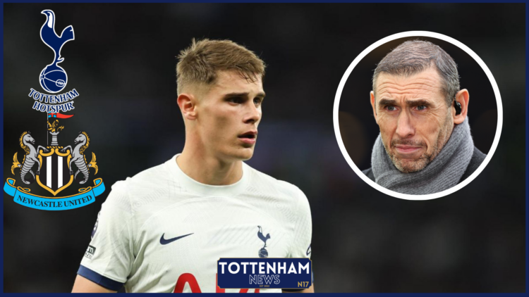 Micky van de Ven and Martin Keown with Tottenham and Newcastle badges