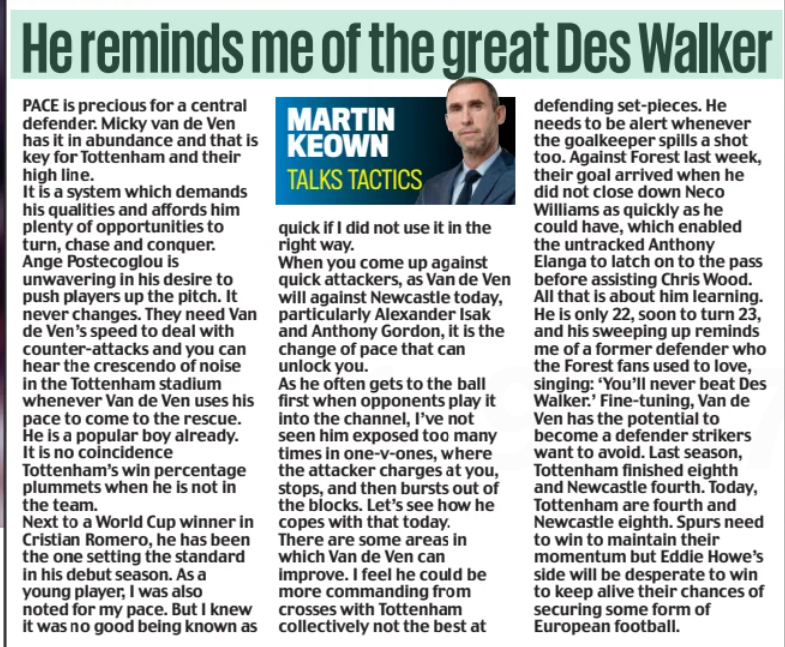 Martin Keown, Micky van de Ven, Tottenham, Daily Mail