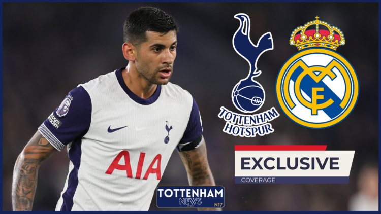 Tottenham and Real Madrid badges, Cristian Romero
