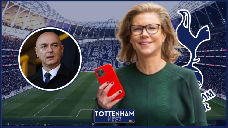 Amanda Staveley, Daniel Levy in inset, Tottenham badge