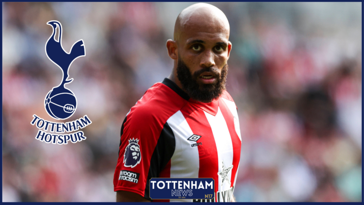 Bryan Mbeumo with Tottenham badge