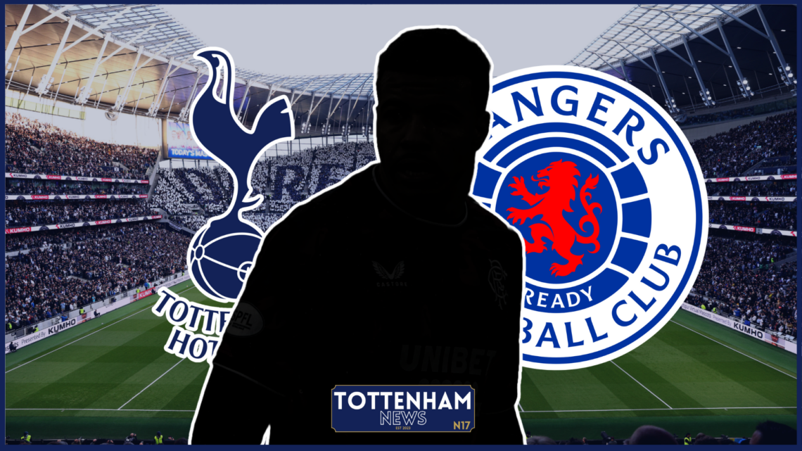 Hamza Igamane silhouette, Tottenham badge, Rangers badge