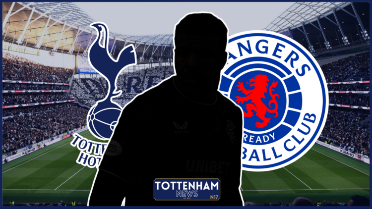 Hamza Igamane silhouette, Tottenham badge, Rangers badge