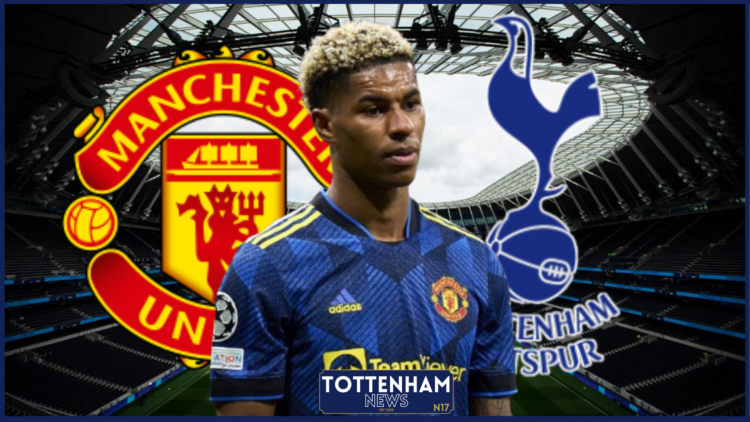 Marcus Rashford, Tottenham badge, Manchester United badge