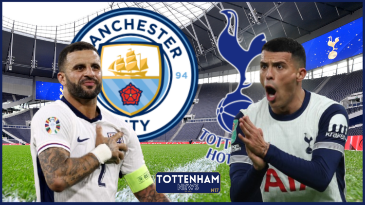 Pedro Porro, Kyle Walker, Tottenham badge, Manchester City badge