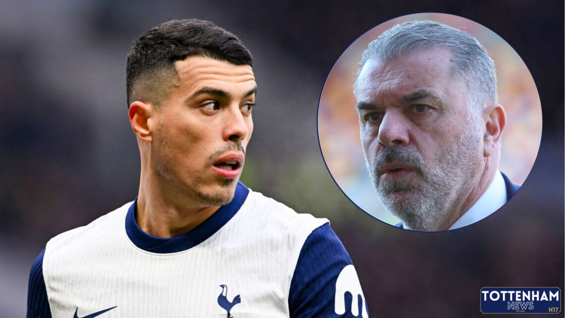 Tottenham right-back Pedro Porro and Ange Postecoglou