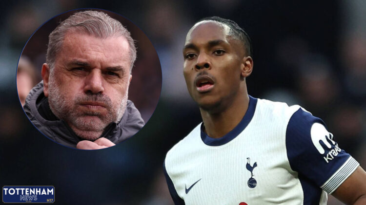 Tottenham forward Mathys Tel and Ange Postecoglou
