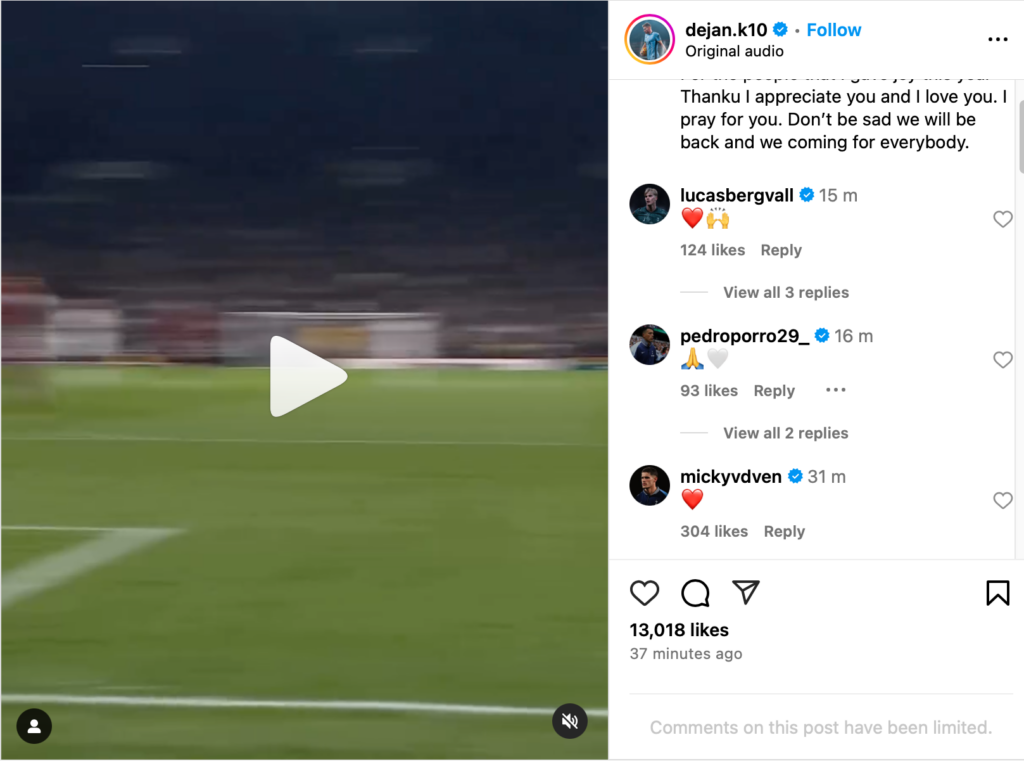 Micky Van de Ven reacts to Dejan Kulusevski's Instagram reel after his injury