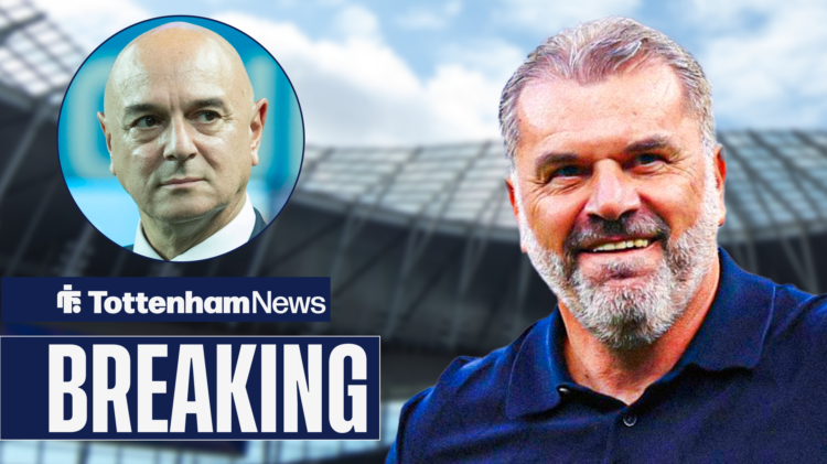 Ange Postecoglou smiling, with Daniel Levy in a circular frame