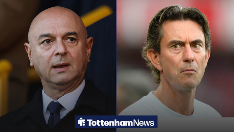 A split image as Tottenham chairman Daniel Levy glances across at manager Thomas Frank, who meets his gaze with a steely expression.
