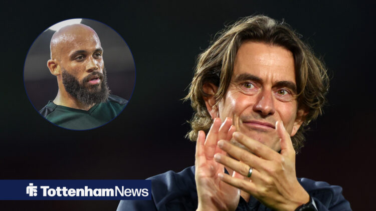 Tottenham coach Thomas Frank clapping, Bryan Mbeumo in circular inset