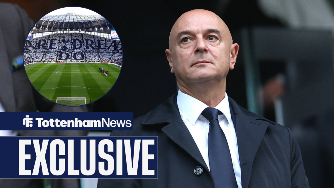 Former Tottenham chairmam Daniel Levy stands tall and glances across at the Tottenham Hotspur Stadium, which features in a circular inset.