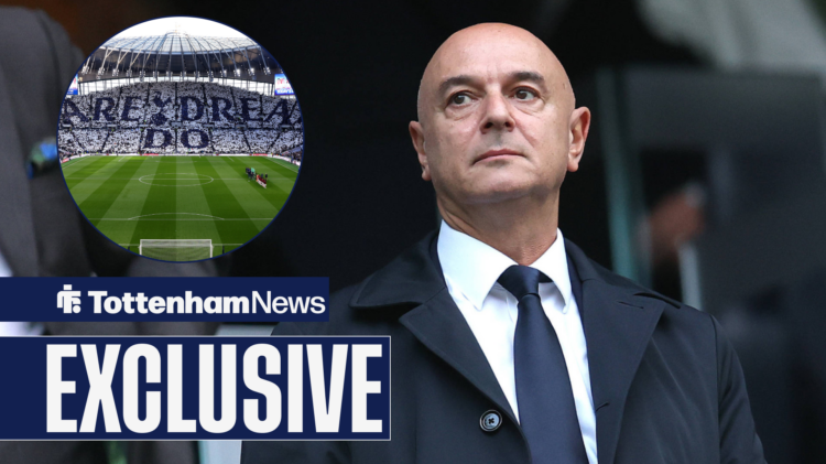 Former Tottenham chairmam Daniel Levy stands tall and glances across at the Tottenham Hotspur Stadium, which features in a circular inset.