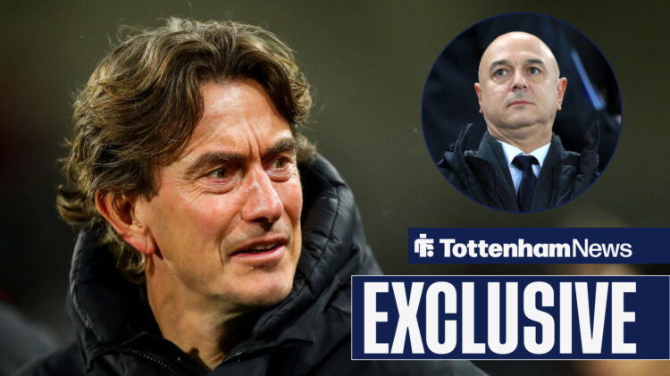 An image of Tottenham manager Thomas Frank with a circular inset of Daniel Levy