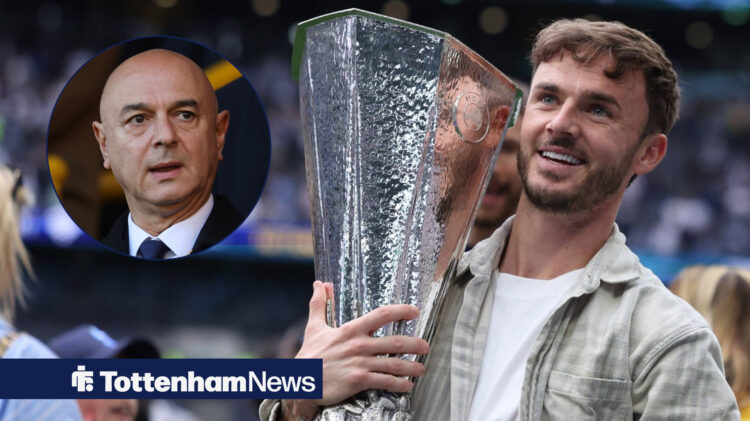 Maddison with Europa trophy and Daniel Levy