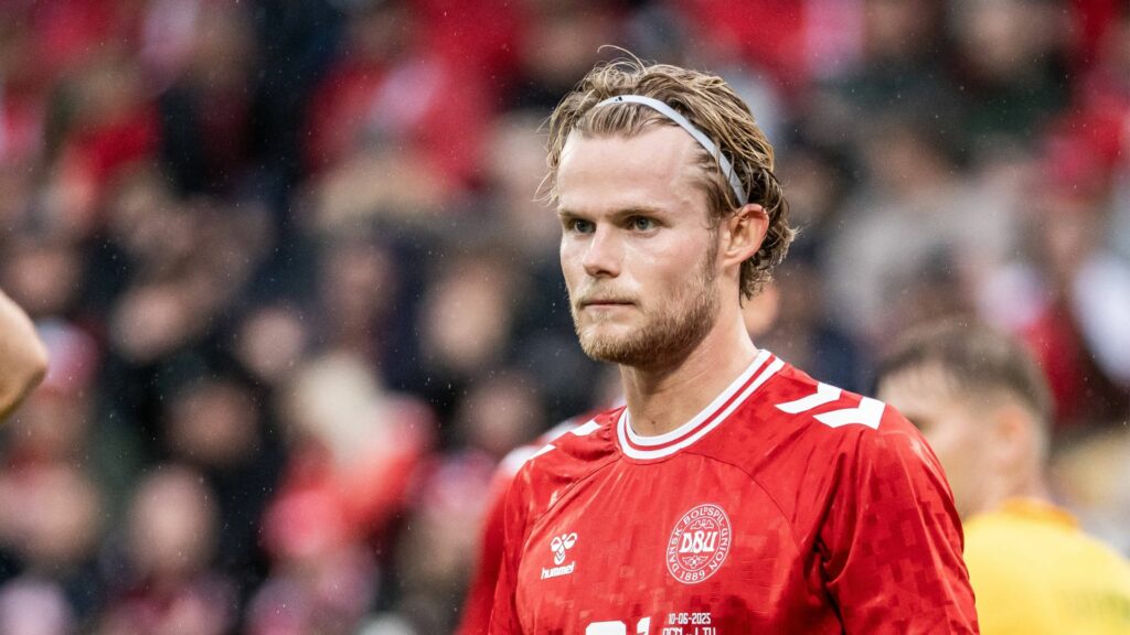 Tottenham-linked midfielder Morten Hjulmand in action during a game for Denmark.