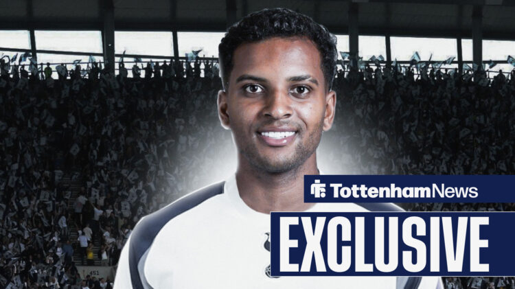 Rodrygo in a Tottenham shirt alongside an 'exclusive' banner