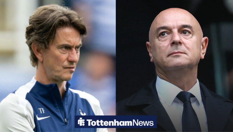Tottenham manager Thomas Frank looks concernedly at owner Daniel Levy.