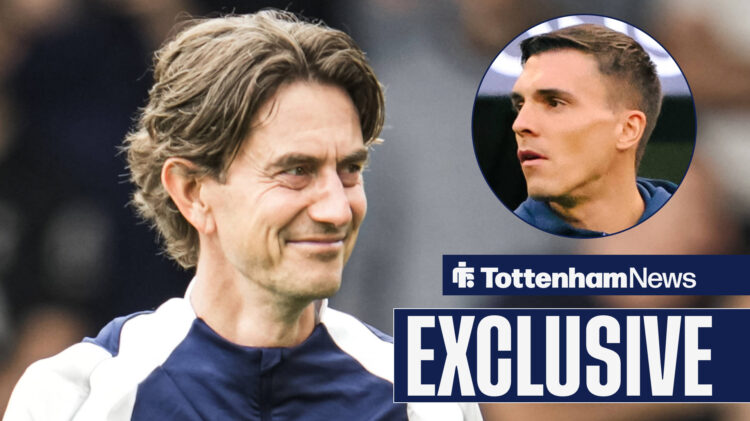 Tottenham News exclusive as Tottenham manager Thomas Frank smiles at Bayern Munich midfielder Joao Palhinha.
