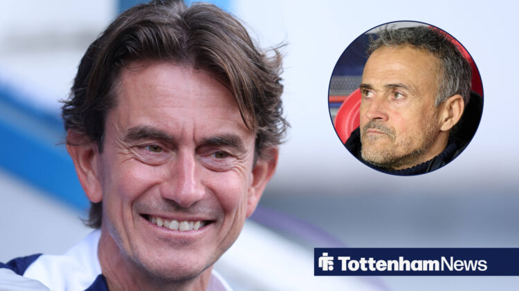 Thomas Frank smiling with Luis Enrique looking displeased