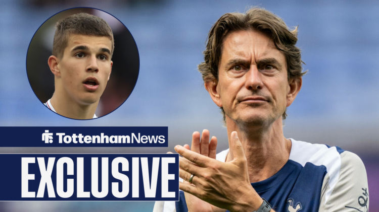 Tottenham manager Thomas Frank applauds defender Luka Vuskovic.