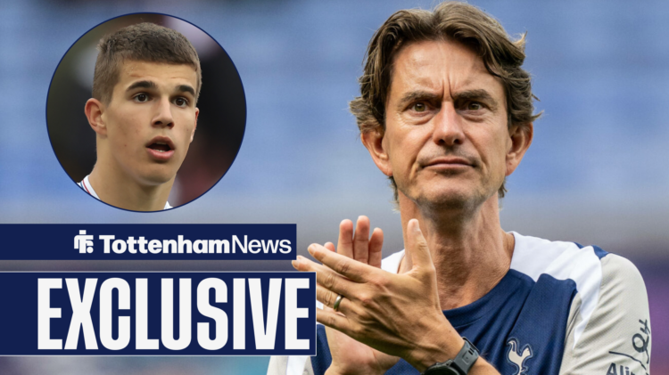 Tottenham manager Thomas Frank claps at defender Luka Vuskovic.