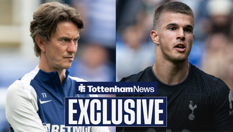 Tottenham manager Thomas Frank looks at defender Luka Vuskovic.