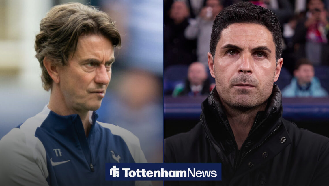 Tottenham manager Thomas Frank looks concernedly at Arsenal manager Mikel Arteta.