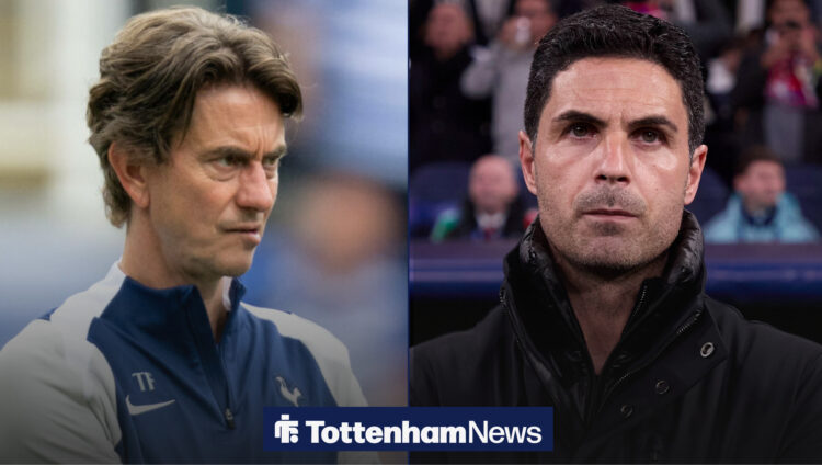 Tottenham manager Thomas Frank looks concernedly at Arsenal manager Mikel Arteta.
