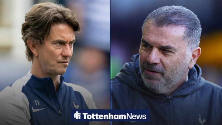 Tottenham manager Thomas Frank looking to his left next to Ange Postecoglou looking to his right.
