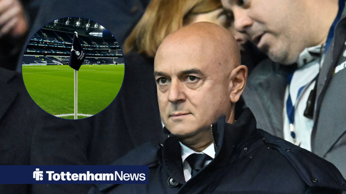 Daniel Levy looking serious with Tottenham Hotspur Stadium in circular inset