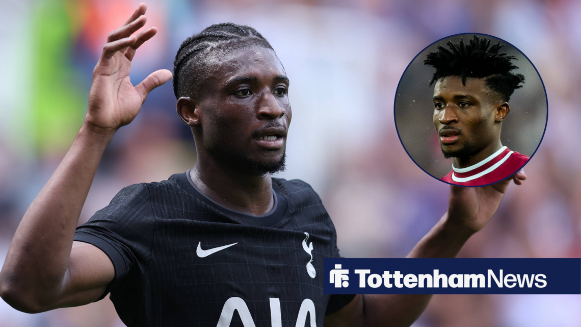 Mohammed Kudus wearing a Tottenham shirt looking towards a circle inset of Kudus in a West Ham shirt
