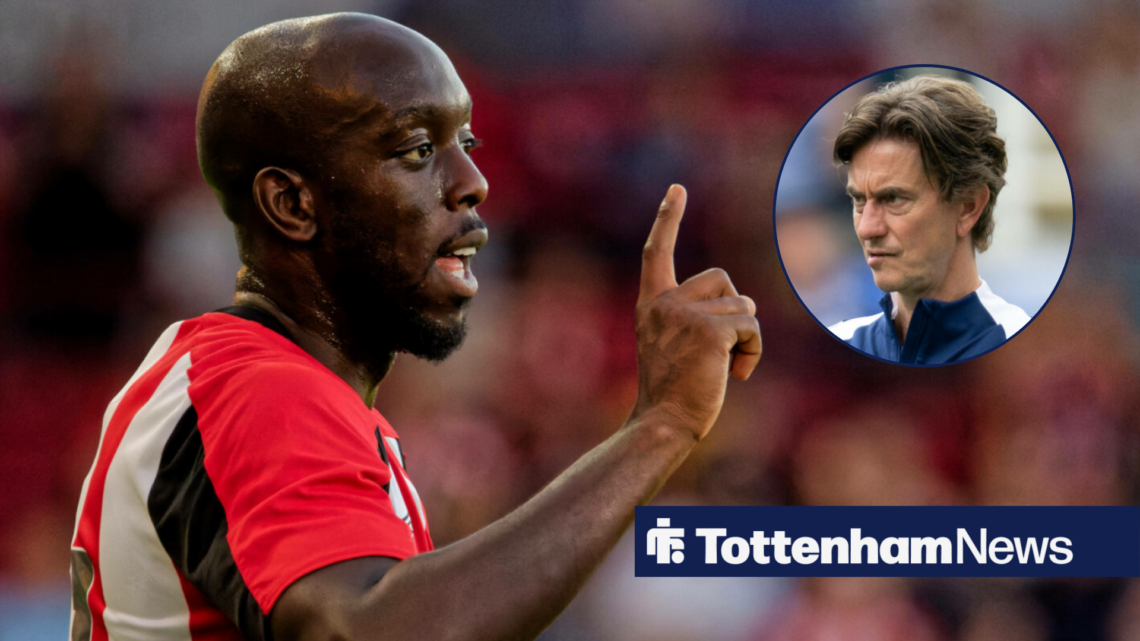 Brentford star Yoane Wissa wagging his finger towards Tottenham boss Thomas Frank