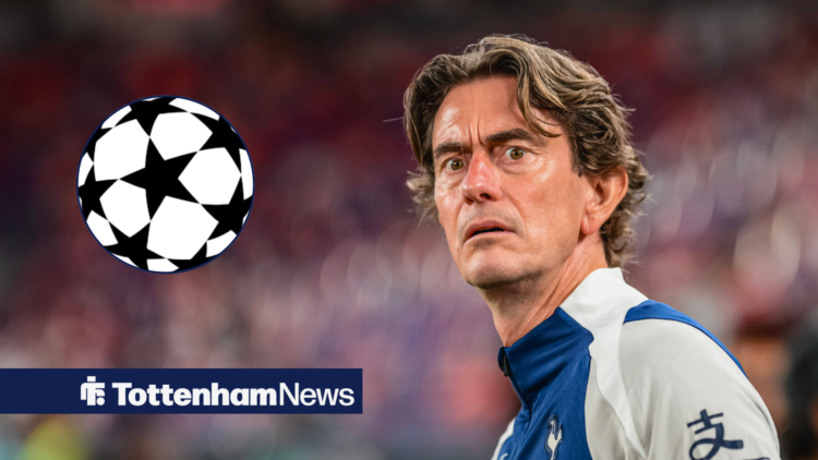 Tottenham manager Thomas Frank looking scared with Champions League insert