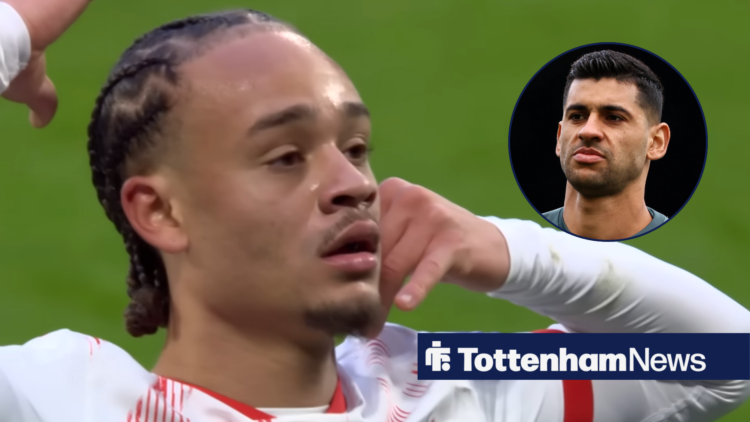 Tottenham defender Cristian Romero looking annoyed towards Xavi Simons celebrating