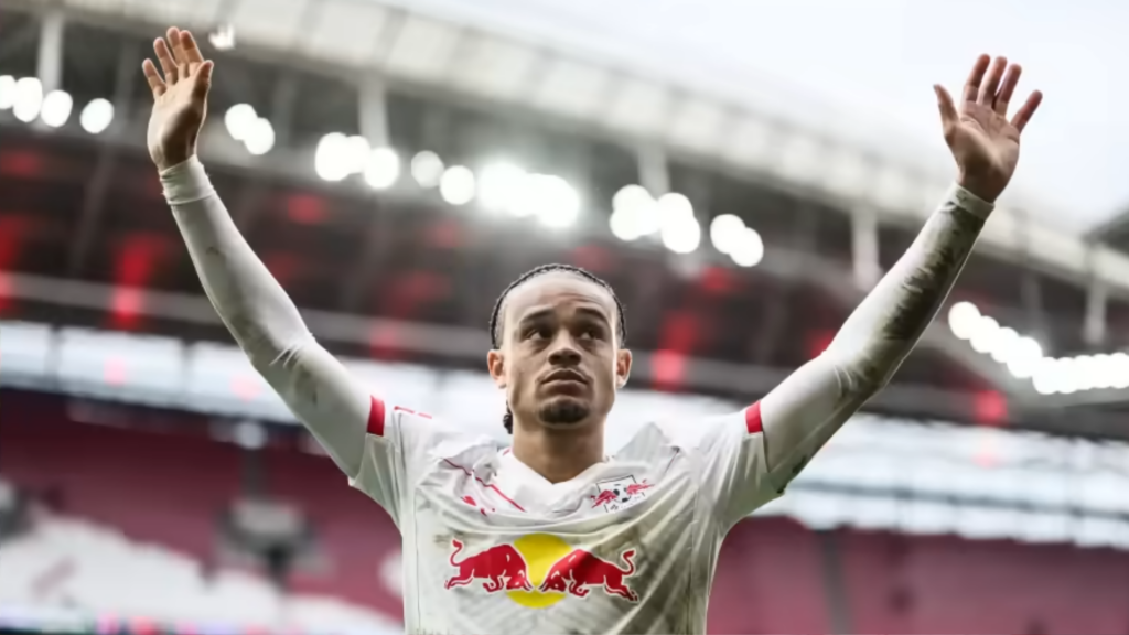Tottenham target Xavi Simons holding his hands up at RB Leipzig