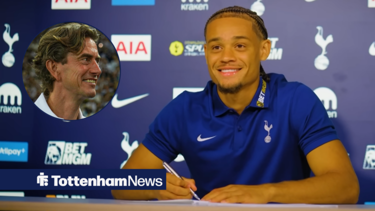 Xavi Simons signing for Tottenham next to a circle inset of Thomas Frank smiling