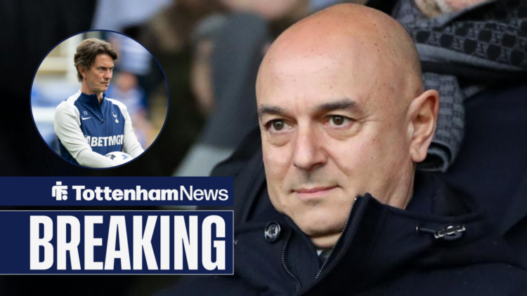 Daniel Levy looks on, with Thomas Frank in circular frame