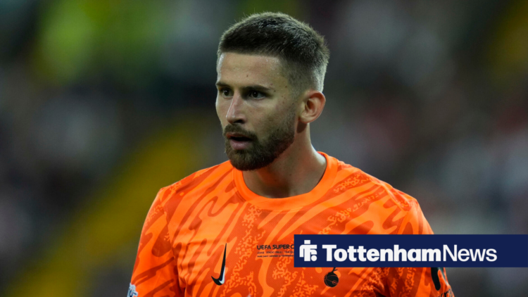 Tottenham goalkeeper Guglielmo Vicario in match action.
