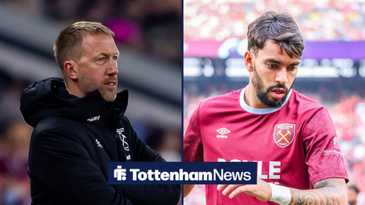 West Ham midfielder Lucas Paqueta and Graham Potter looking worried.