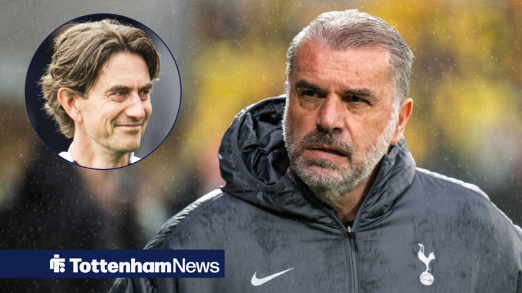 Former Tottenham manager Ange Postecoglou scowls at a smiling Thomas Frank.