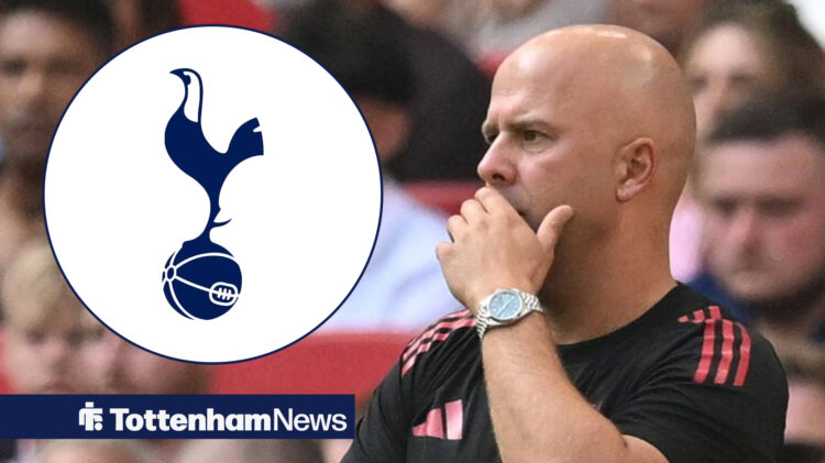 Arne Slot in deep thought with a Tottenham badge inset