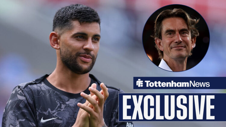 Tottenham News exclusive as Cristian Romero applauds while Thomas Frank smiles in a circular inset.