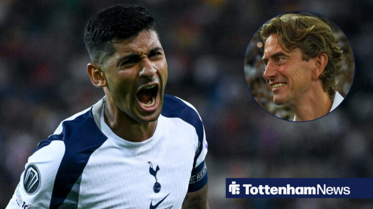 Cristian Romero in Tottenham home shirt with Thomas Frank smiling in circular inset