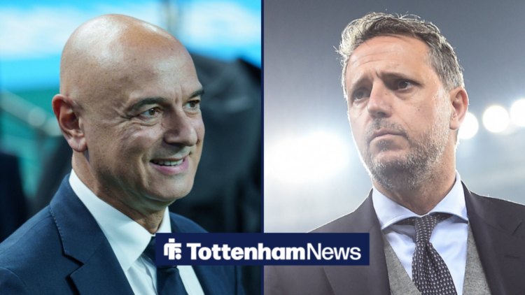 Tottenham chairman Daniel Levy smiles across at Fabio Paratici in the other half of the image.