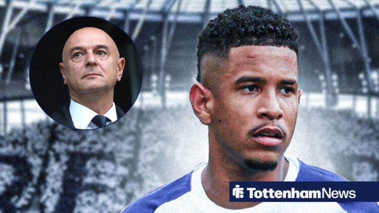 An image of Manchester City's Savinho with Tottenham's Daniel Levy in a circular inset.