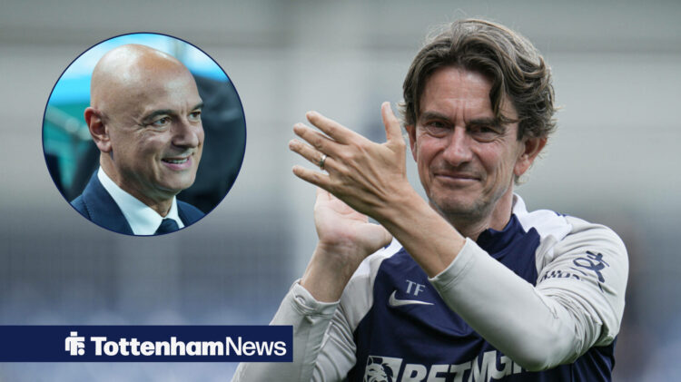 Tottenham manager Thomas Frank applauds in the direction of Daniel Levy, who smiles in a circular inset.