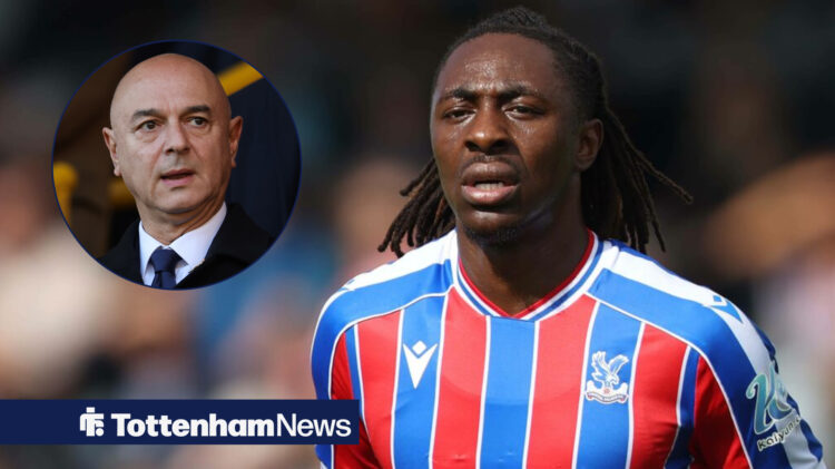 Eberechi Eze in action for Crystal Palace next to Tottenham chairman Daniel Levy in a circular inset