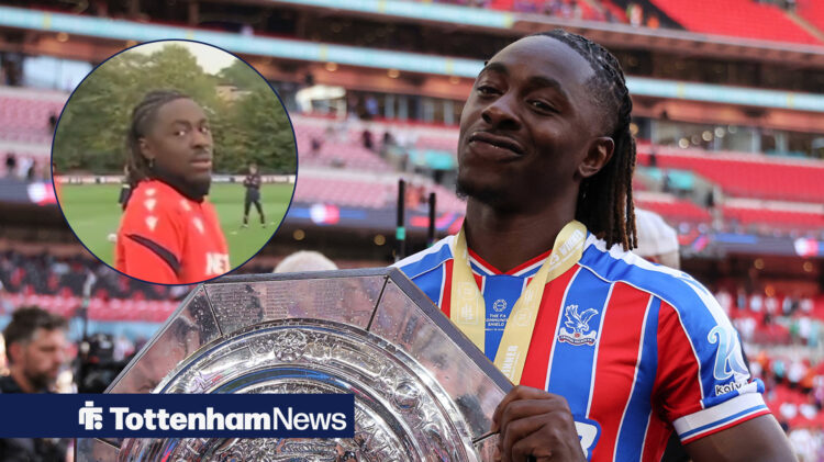 Crystal Palace midfielder Eberechi Eze holding the community shield with Eze on Sky Sports insert. Tottenham